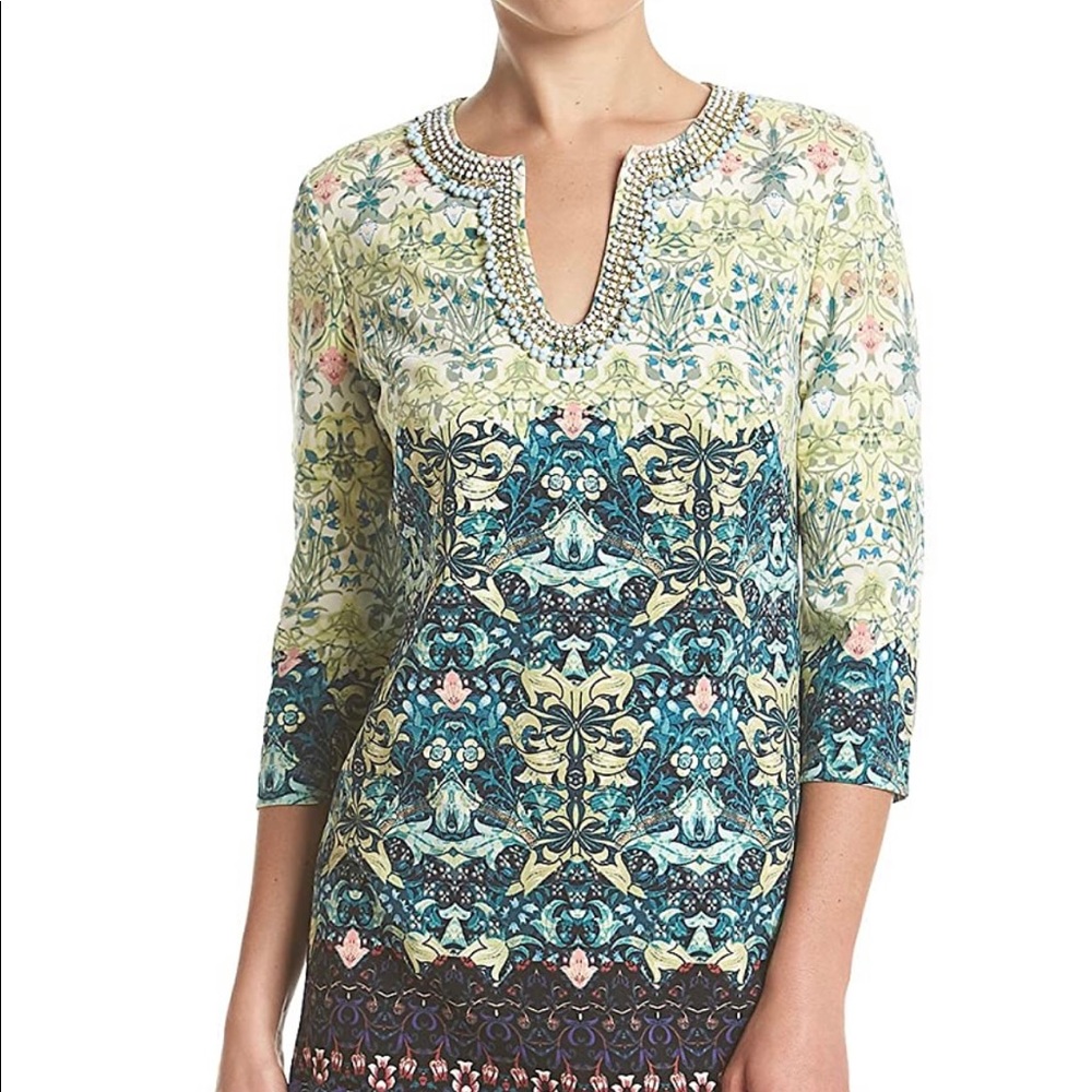 Taylor Dresses Women's Bo-ho Beaded Neck Mixed Print Sheath Dress